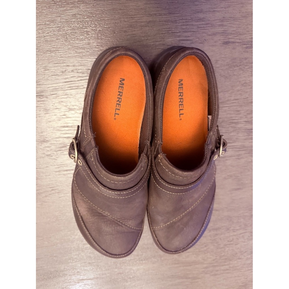 Merrell Brown Slip-On Clog with Orange Insole and Buckle Size 8.5